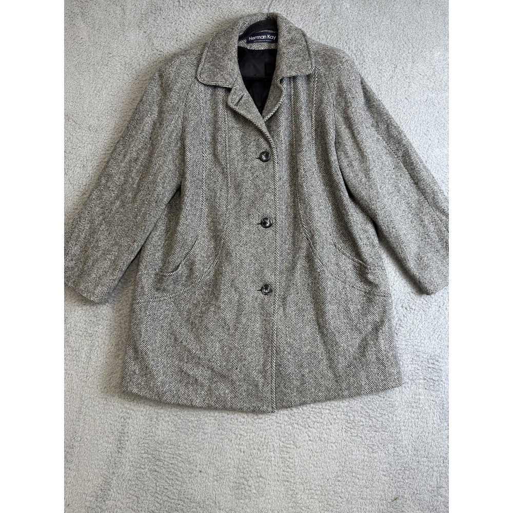 Herman Kay Coat Womens 12 Wool Herringbone Button Front Lined Vintage Inspired
